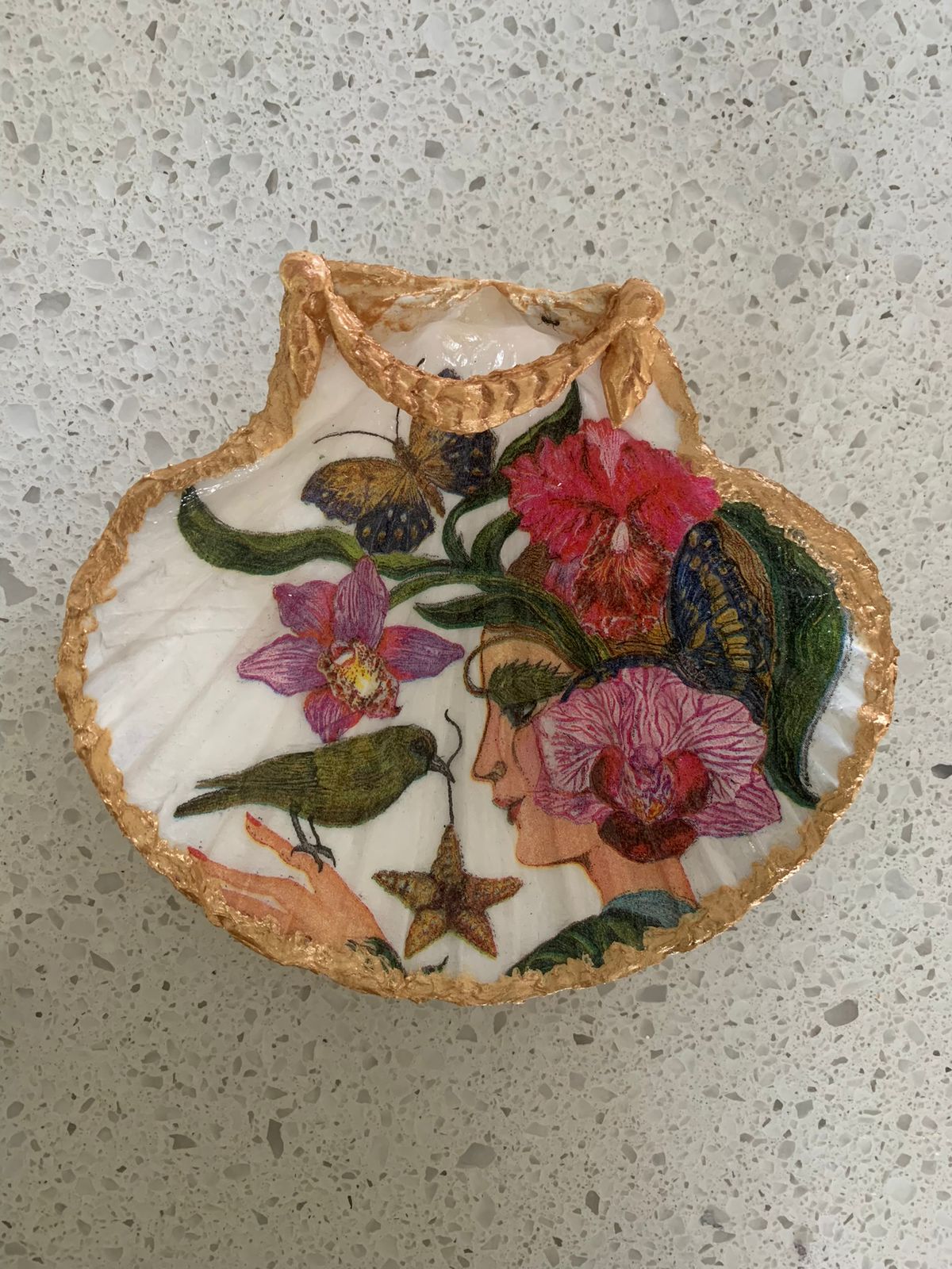 Floral Bird Lady Scallop Shell